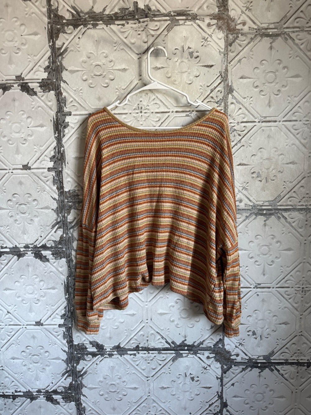 BKE Striped Knit Top in Rust, Mustard & Light Blue